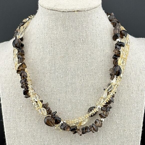 3 Strand Smoky & Rock Crystal Quartz Necklace 925 Sterling Silver 16 to 19 inch - Picture 1 of 13